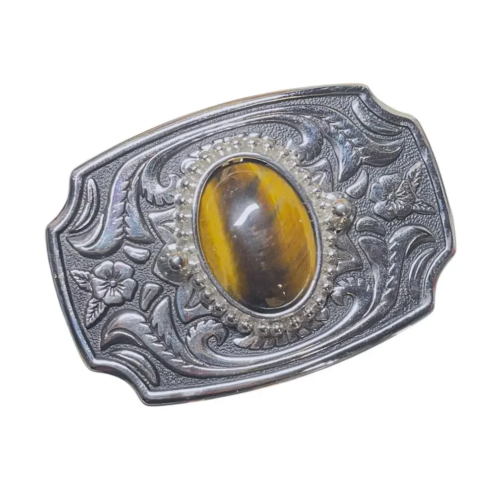 Western Silver Tone Belt Buckle Tiger Eye Stone Women's Kids 1.25